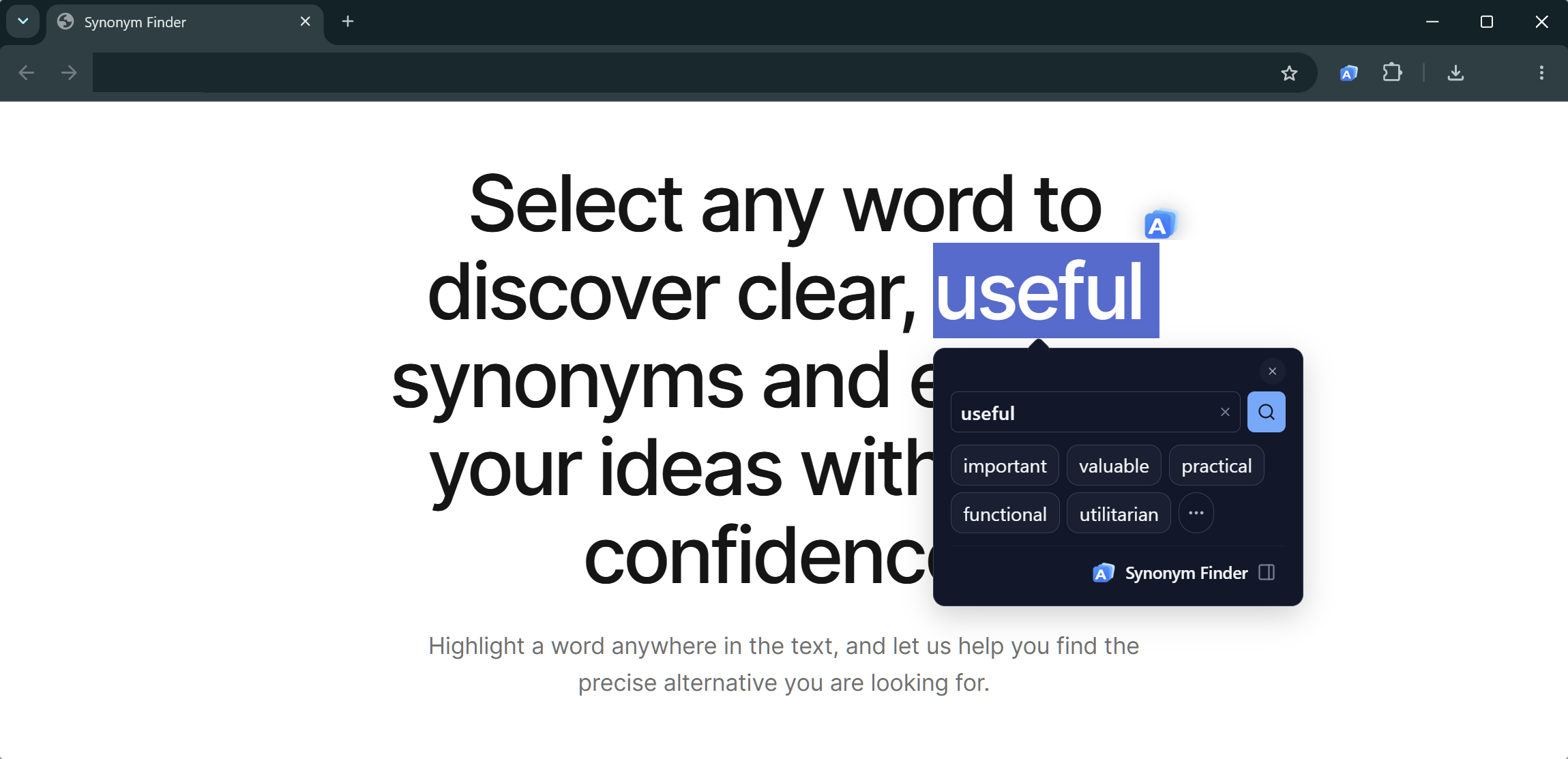 A word selected on a webpage with the Synonym Finder panel open below it, listing synonyms as clickable chips
